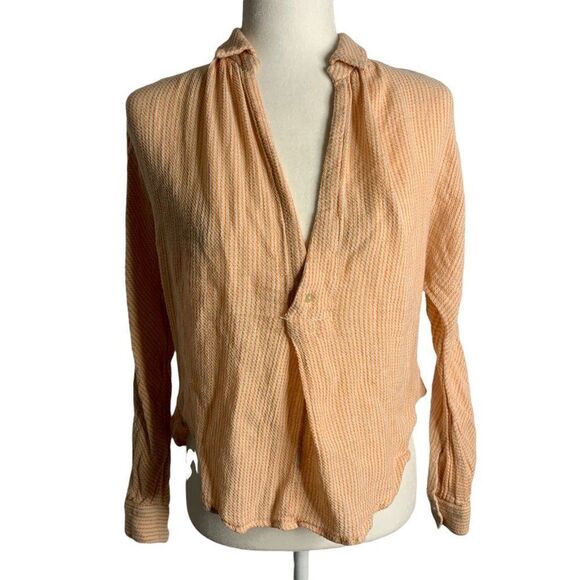 Free People Long Sleeve Knit Top XS Orange Stripe V Neck Collar Button Round Hem - Picture 1 of 6